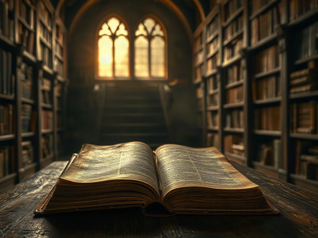 Otwarty, zabytkowy rękopis teologiczny leżący na dębowym stole w nastrojowej bibliotece klasztornej.