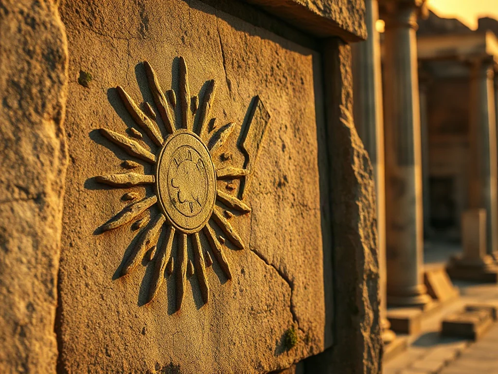 Starożytny relief z wyobrażeniem słońca i pioruna, symbolizujący boską moc na tle ruin antycznych kolumn.