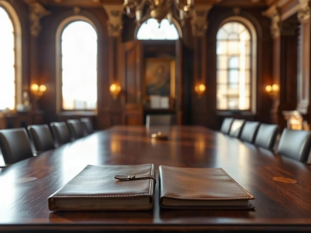 Elegancki stół konferencyjny w rządowej sali, przygotowany do obrad Komisji Wspólnej Rządu i Episkopatu.