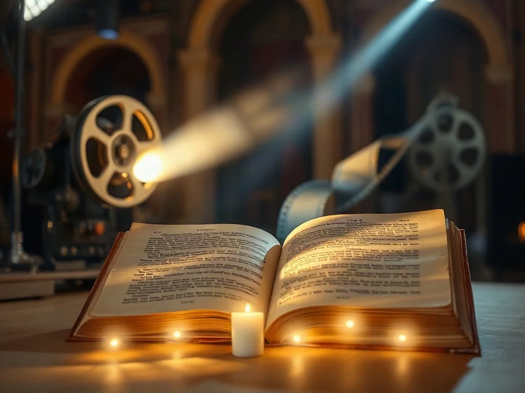 Otwarta księga z bijącym z niej światłem obok projektora filmowego, symbolizująca przenikanie się literatury i kina.
