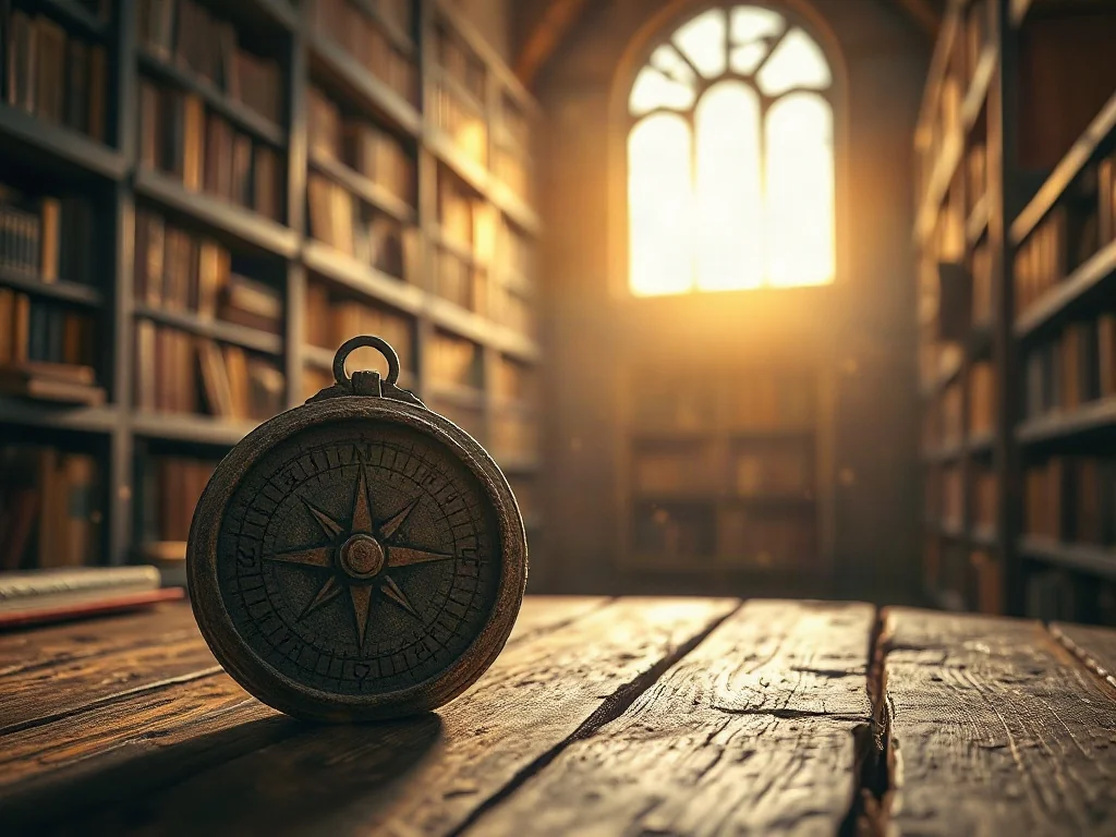 Stary kamienny kompas na drewnianym stole w tle biblioteki, symbolizujący poszukiwanie życiowej drogi i mądrości.