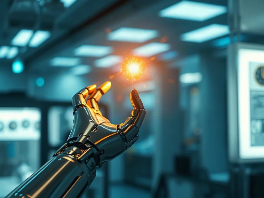 Robotyczna dłoń ze światłowodami sięga po eteryczną, złotą iskrę, symbolizując dążenie technologii do boskiej doskonałości.