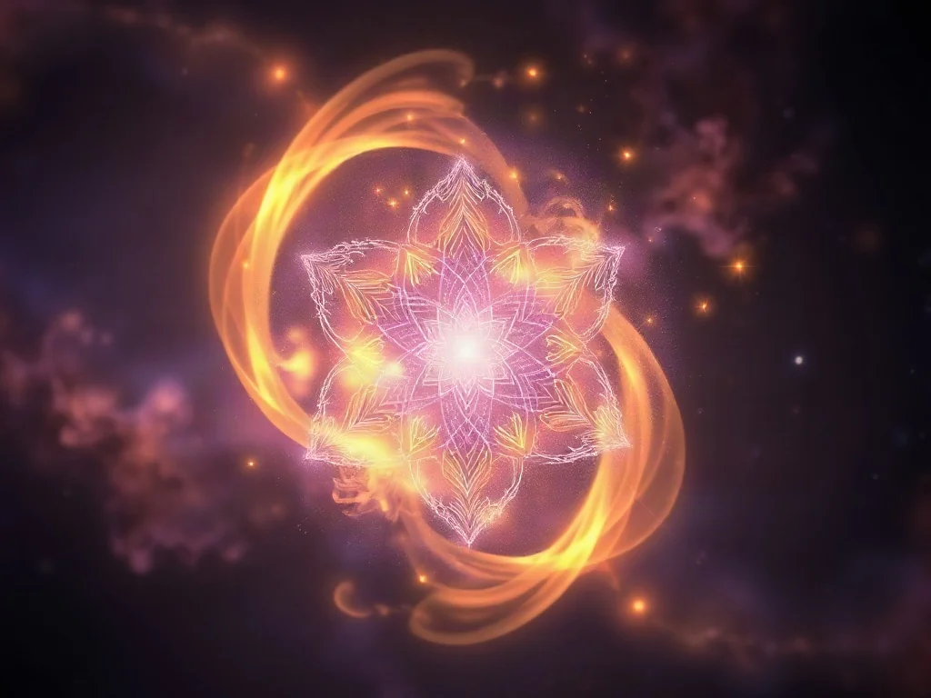 Abstrakcyjna, świetlista mandala w odcieniach złota i fioletu, symbolizująca głębokie stany mistyczne i medytację.
