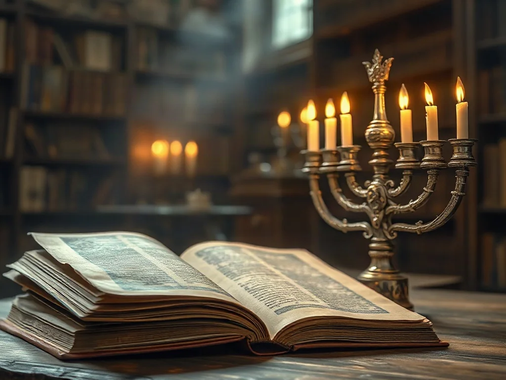 Otwarta księga z iluminacjami obok srebrnej menory w bibliotece, symbolizująca dialog między tradycją chrześcijańską a judaistyczną.
