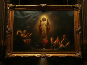 Otwarta księga z krzyżem na biurku w tle szkolnej sali, symbolizująca przygotowanie nauczyciela religii do zajęć.