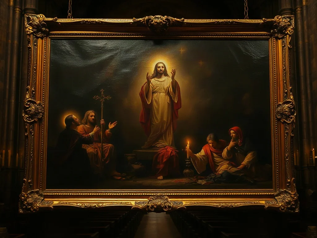 Barokowy obraz o silnym kontraście światłocieniowym, przedstawiający pełną emocji scenę religijną w mrocznym wnętrzu katedry.