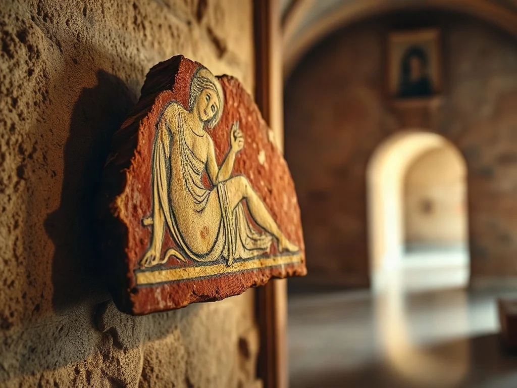 Fragment rzymskiego fresku przedstawiający antyczne bóstwo, wyeksponowany na kamiennej ścianie w muzealnej galerii.
