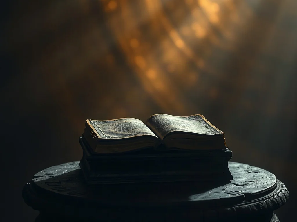 Stara księga na kamiennym postumencie w eterycznym, złotym świetle, symbolizująca tajemnicę mistyki apofatycznej.