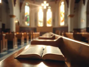 Otwarta Biblia na drewnianym stole w świetle wpadającym przez okno, symbolizująca fundamenty etyki chrześcijańskiej.