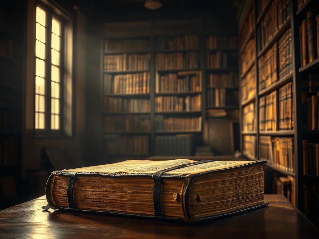 Stara, oprawna w skórę księga na drewnianym biurku w bibliotece, symbolizująca zgłębianie literatury i wiedzy.
