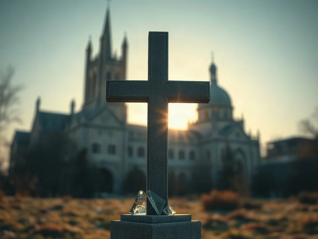 Symboliczna kompozycja przedstawiająca ewolucję wiary: kamienny krzyż przenikający się z nowoczesnym szkłem i architekturą.