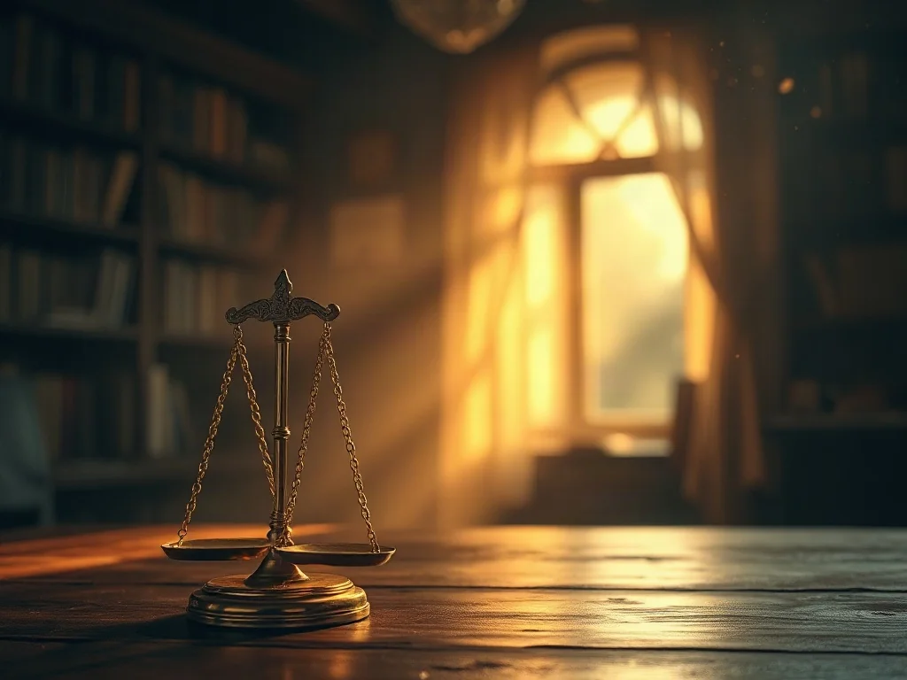 Złota waga na drewnianym stole symbolizująca moralny osąd i wewnętrzny spokój w nastrojowym gabinecie.