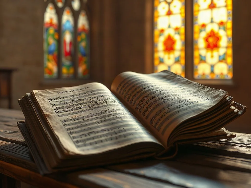 Stary śpiewnik z nutami leżący na drewnianym ołtarzu w świetle witraży, podkreślający duchowy charakter hymnów religijnych.