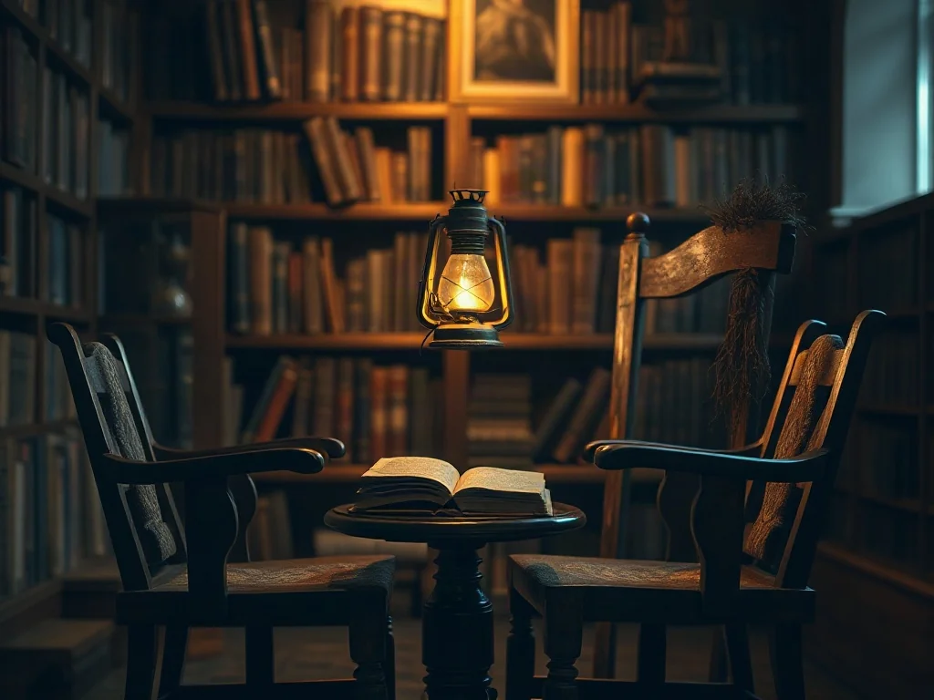Dwa antyczne krzesła ustawione naprzeciw siebie w bibliotece, symbolizujące intelektualny dialog Freuda i Junga.