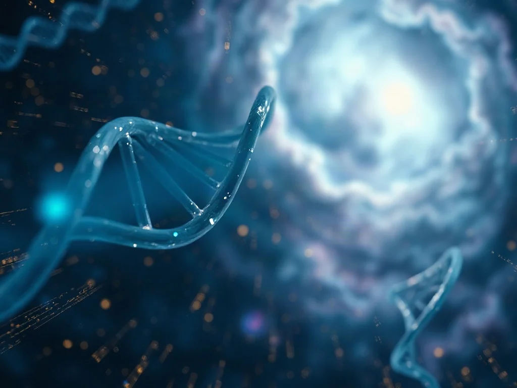 Model helisy DNA na tle rozgwieżdżonej mgławicy, symbolizujący jedność biologii z kosmosem w ujęciu panteizmu naukowego.