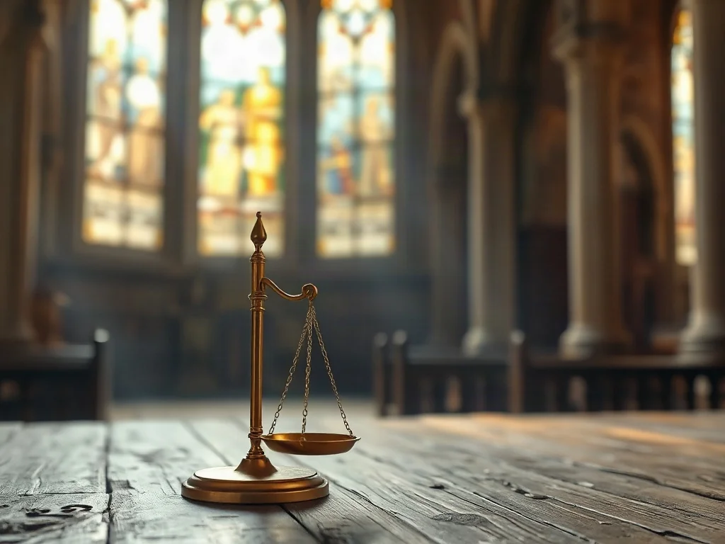 Złota waga sprawiedliwości na drewnianym stole na tle rozmytego wnętrza katedry, symbolizująca teologiczną zasadę odpłaty.