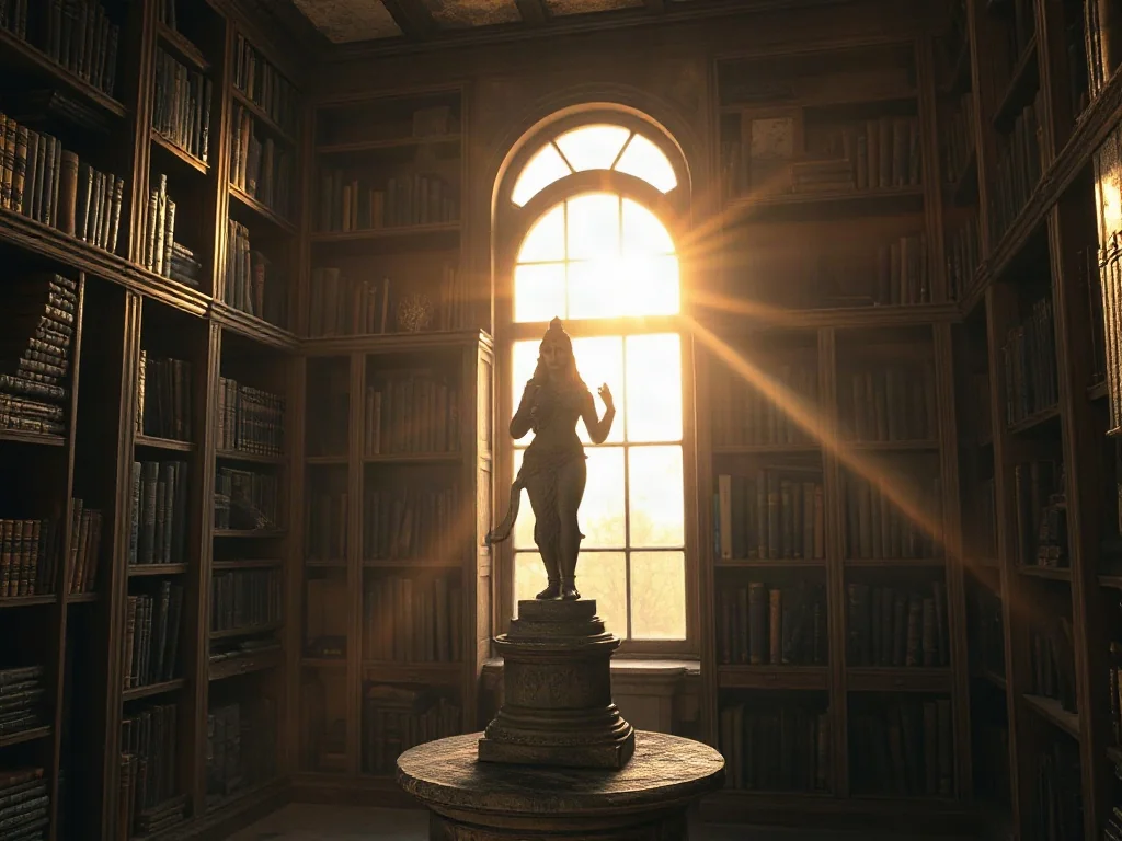 Kamienny posąg bóstwa w antycznej bibliotece, skąpany w złotym świetle zachodzącego słońca.