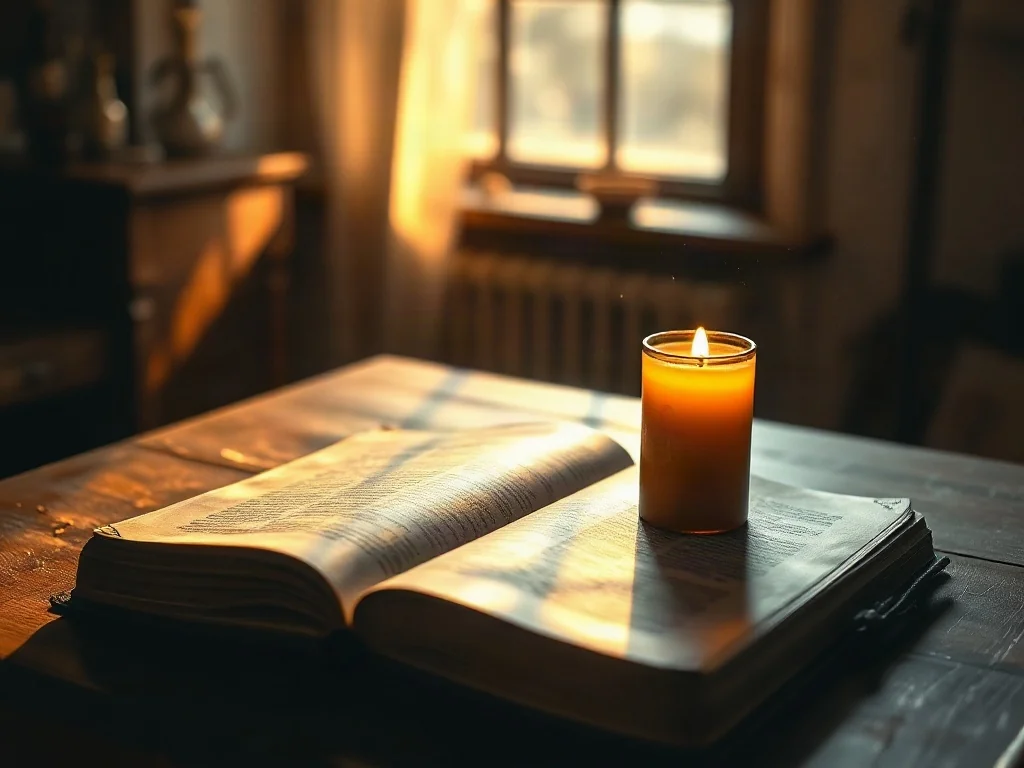 Płonąca świeca na otwartej Biblii w promieniach porannego słońca, tworząca atmosferę sprzyjającą duchowej refleksji.