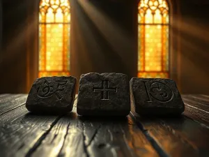 Waga symbolizująca moralny osąd i ciężar winy na tle wnętrza katedry w świetle poranka.
