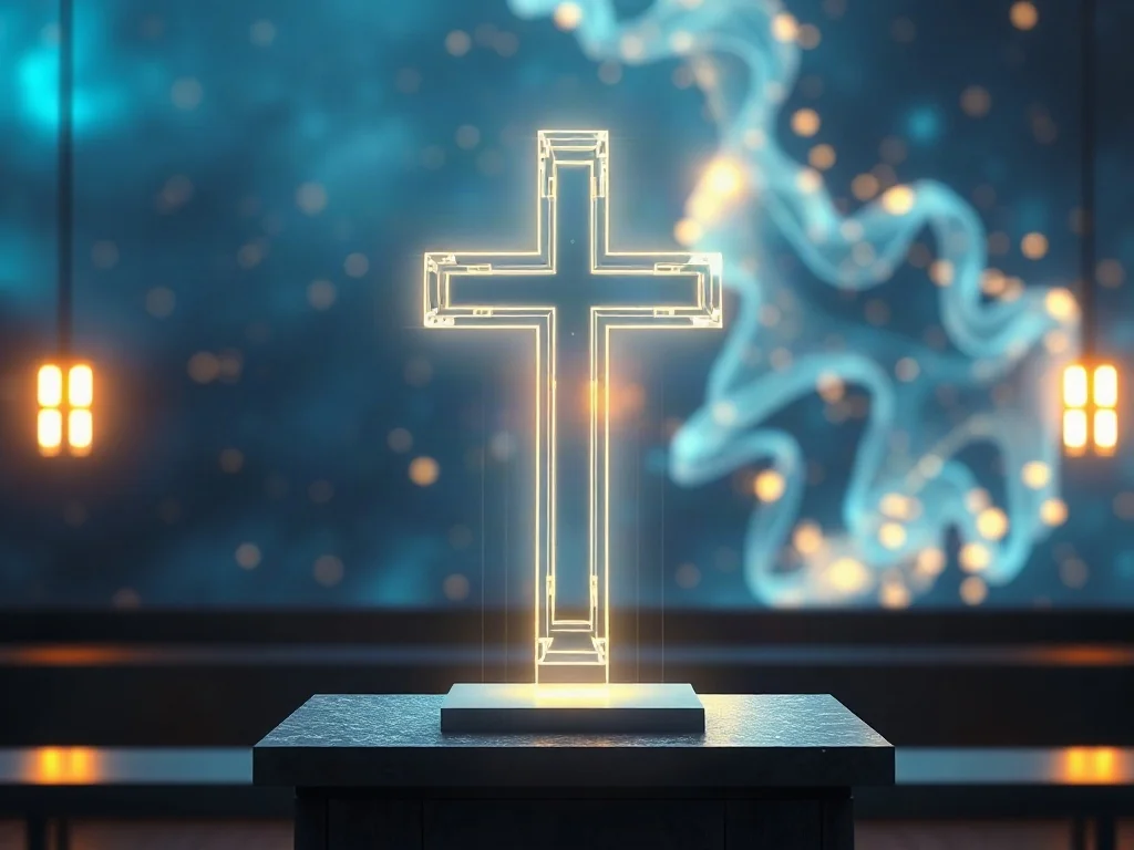 Holograficzny krzyż unoszący się nad metalowym ołtarzem, symbolizujący połączenie duchowości z nowoczesną technologią.