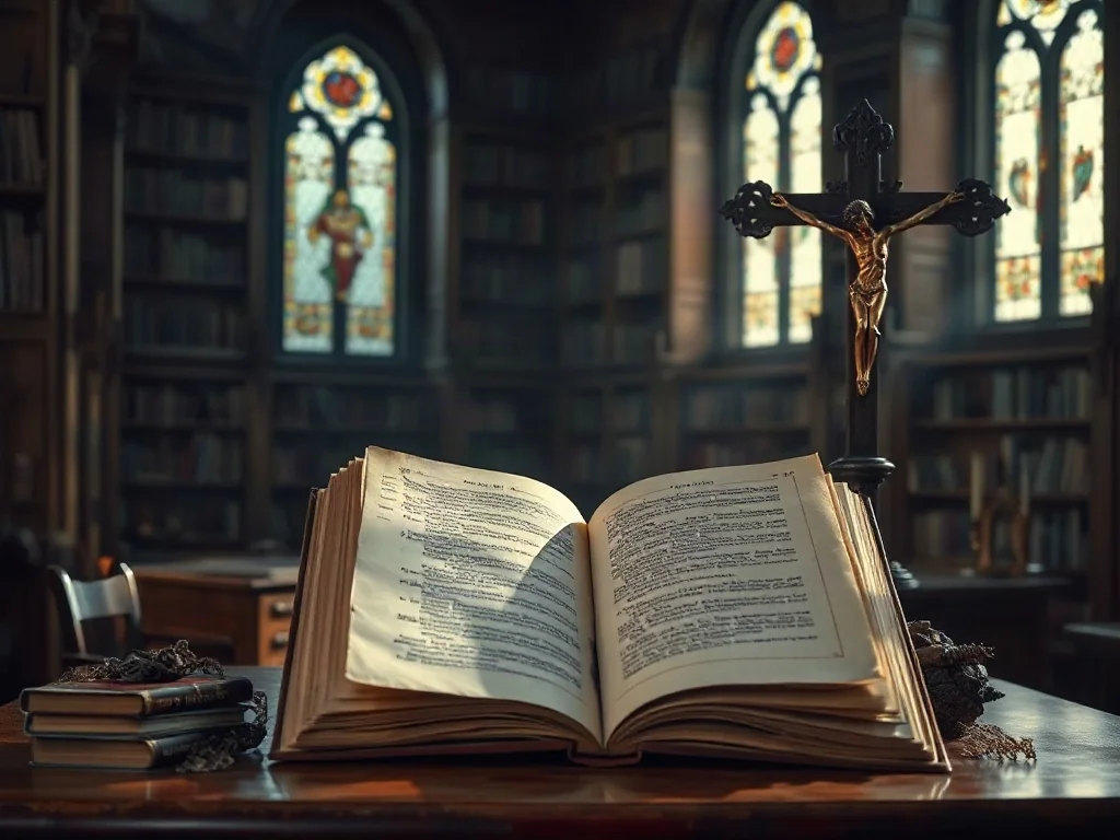 Stary manuskrypt obok drewnianego krucyfiksu na tle biblioteki, symbolizujący napięcie między humanizmem a kontrreformacją.