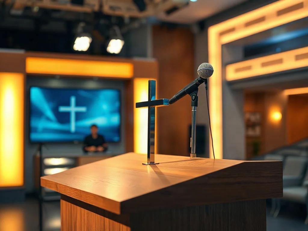 Metalowy krzyż obok mikrofonu na mównicy w nowoczesnym studiu telewizyjnym, symbolizujący debatę o religii w mediach.