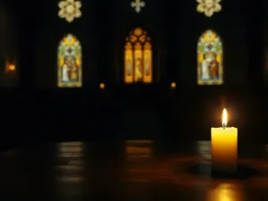 Drewniana ławka szkolna z krzyżem i książką w nasłonecznionej klasie, symbolizująca obecność religii w polskiej edukacji.