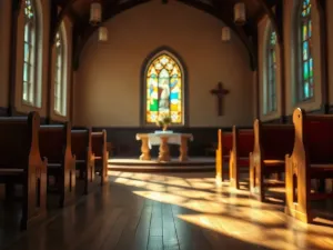 Drewniany stół z symbolami różnych religii, takimi jak świeca, różaniec i stare zwoje, w ciepłym świetle biblioteki.
