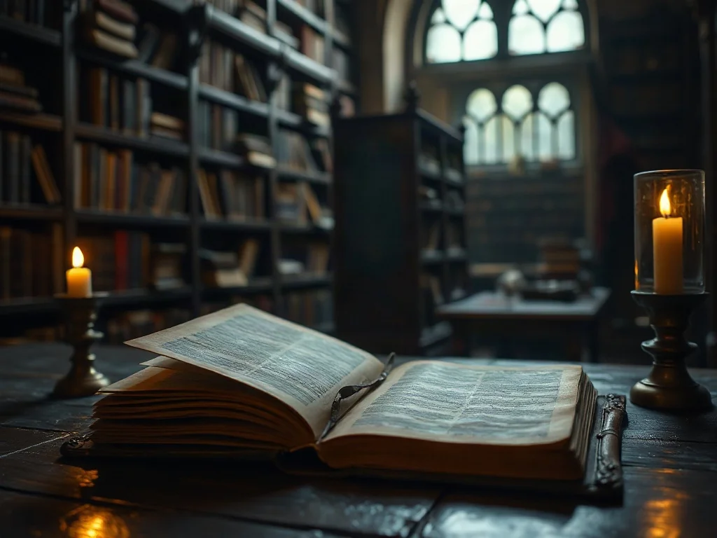 Otwarta księga i płonąca świeca na tle biblioteki, symbolizujące badanie i zgłębianie istoty religii.