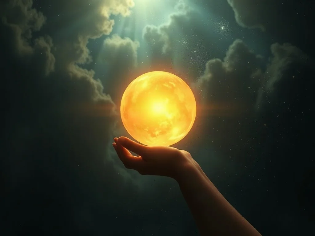 Złota, świetlista kula unosząca się na tle kosmicznej mgławicy, symbolizująca duchową transcendencję i mistyczną ekstazę.