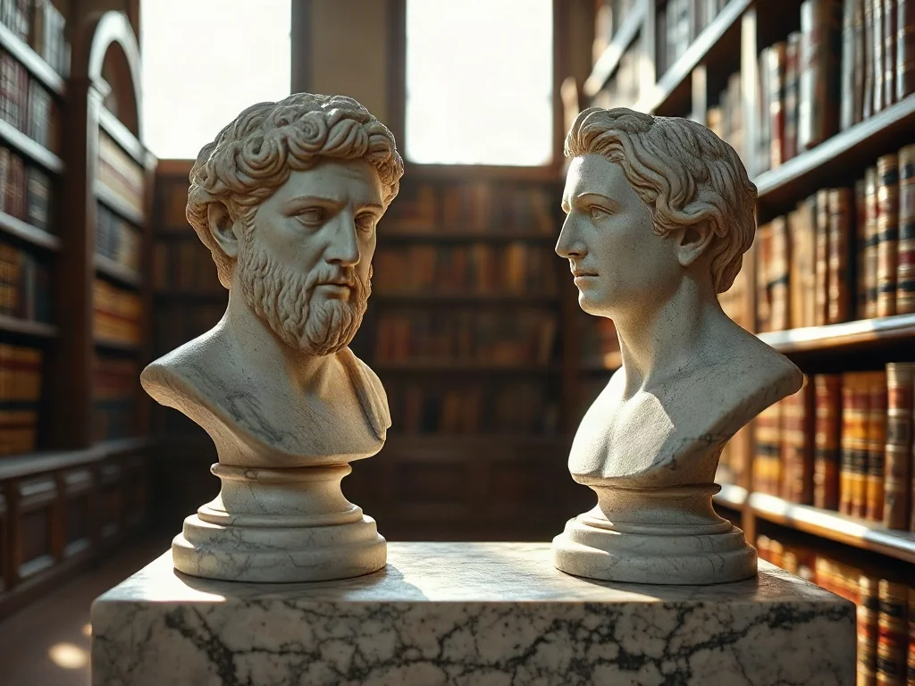 Dwa antyczne popiersia na marmurowym postumencie w bibliotece, symbolizujące filozoficzne rozważania nad naturą moralności.