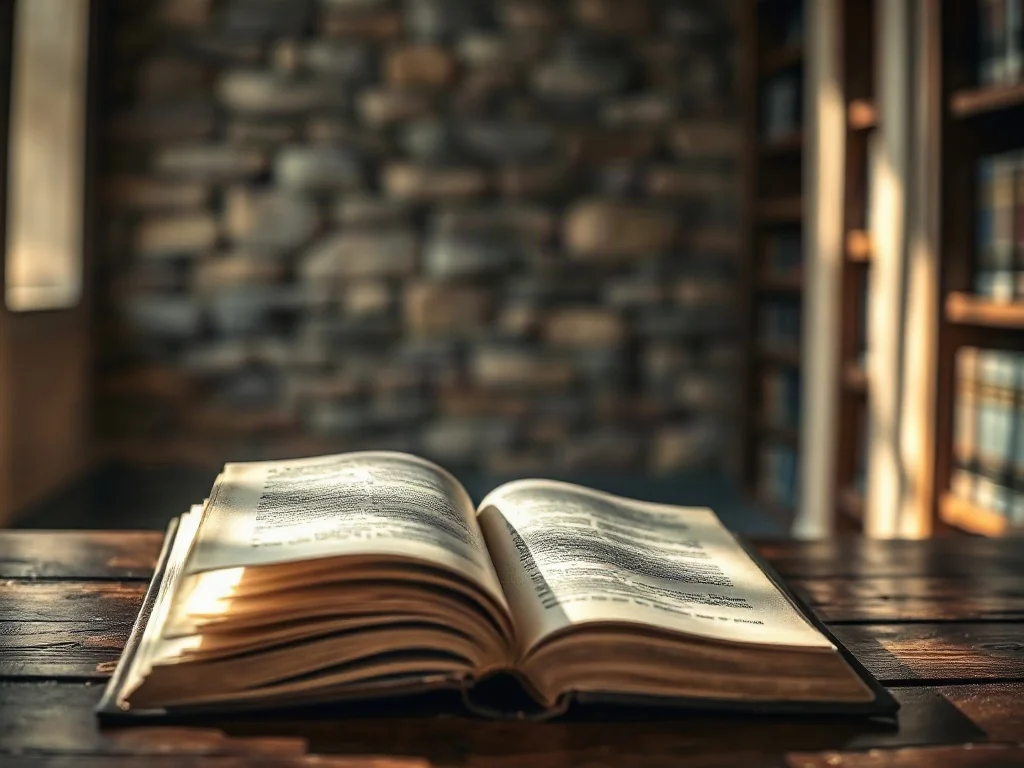 Otwarta, starodawna księga na drewnianym stole w bibliotece, symbolizująca studiowanie zasad etyki i deontologii.