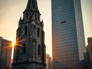 Wnętrze starożytnej świątyni o wschodzie słońca z płonącą świecą na ołtarzu, budujące mistyczną i refleksyjną atmosferę.
