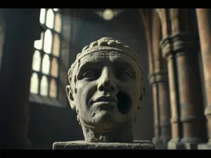 Pusta mównica przed monumentalnym budynkiem rządowym w świetle zachodzącego słońca, symbolizująca neutralność państwa.