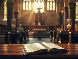 Świecący kompas na kamieniu na tle mglistego lasu o wschodzie słońca, symbolizujący poszukiwanie nowej drogi i sensu życia.