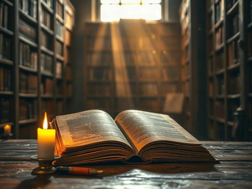 Otwarta, stara księga na drewnianym stole w bibliotece, oświetlona blaskiem świecy, budująca atmosferę akademickich badań.