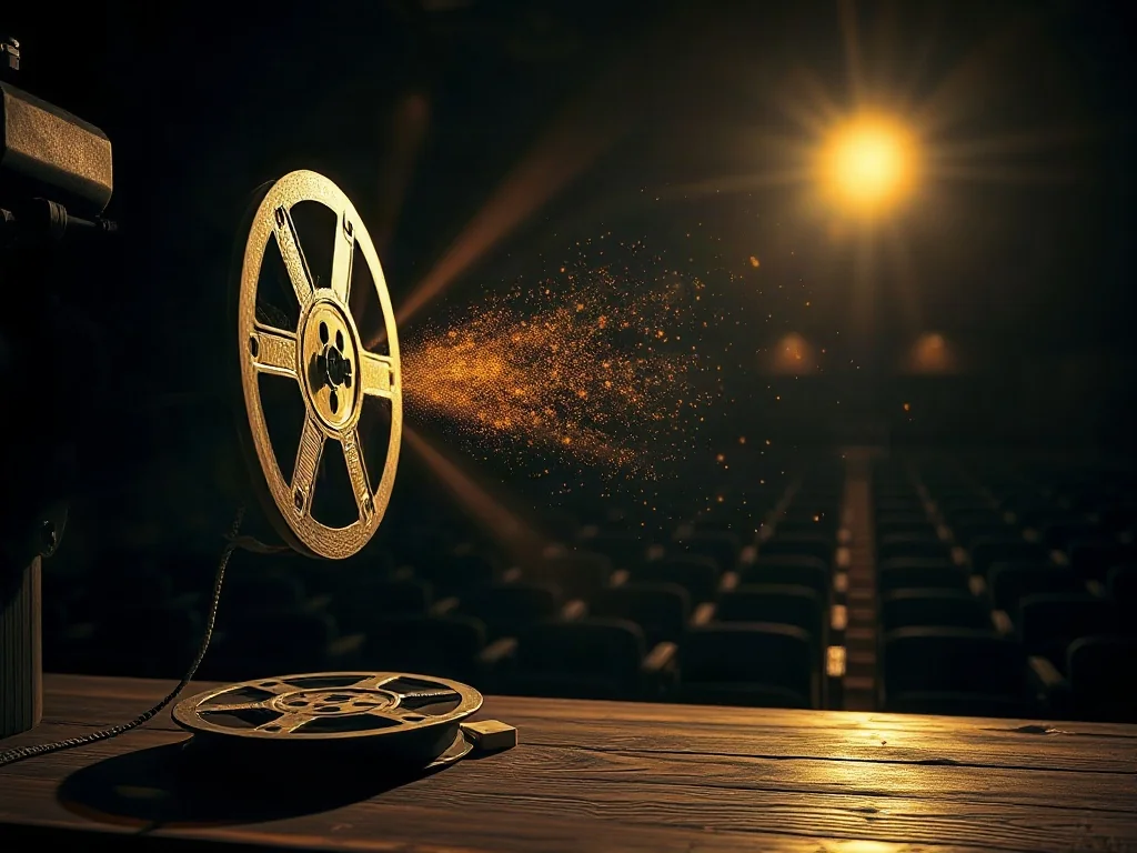 Stary projektor filmowy wyświetlający snop światła z eterycznymi, boskimi symbolami w klimatycznej sali kinowej.
