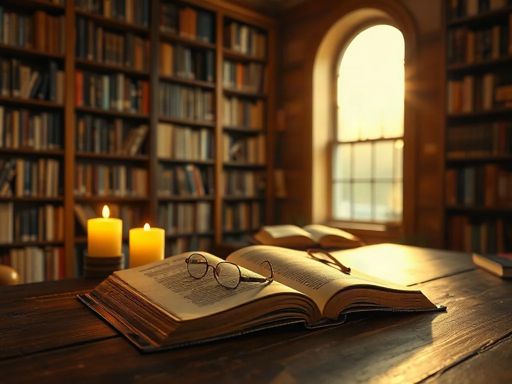 Przytulny kącik biblioteczny z otwartą księgą i świecą, sprzyjający skupieniu oraz głębokiej modlitwie.
