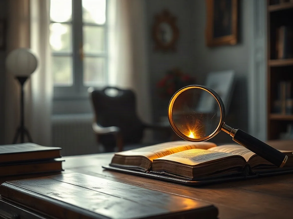 Lupa nad otwartą, starą księgą z bijącym z niej światłem, symbolizująca badanie duchowości przez pryzmat psychologii.