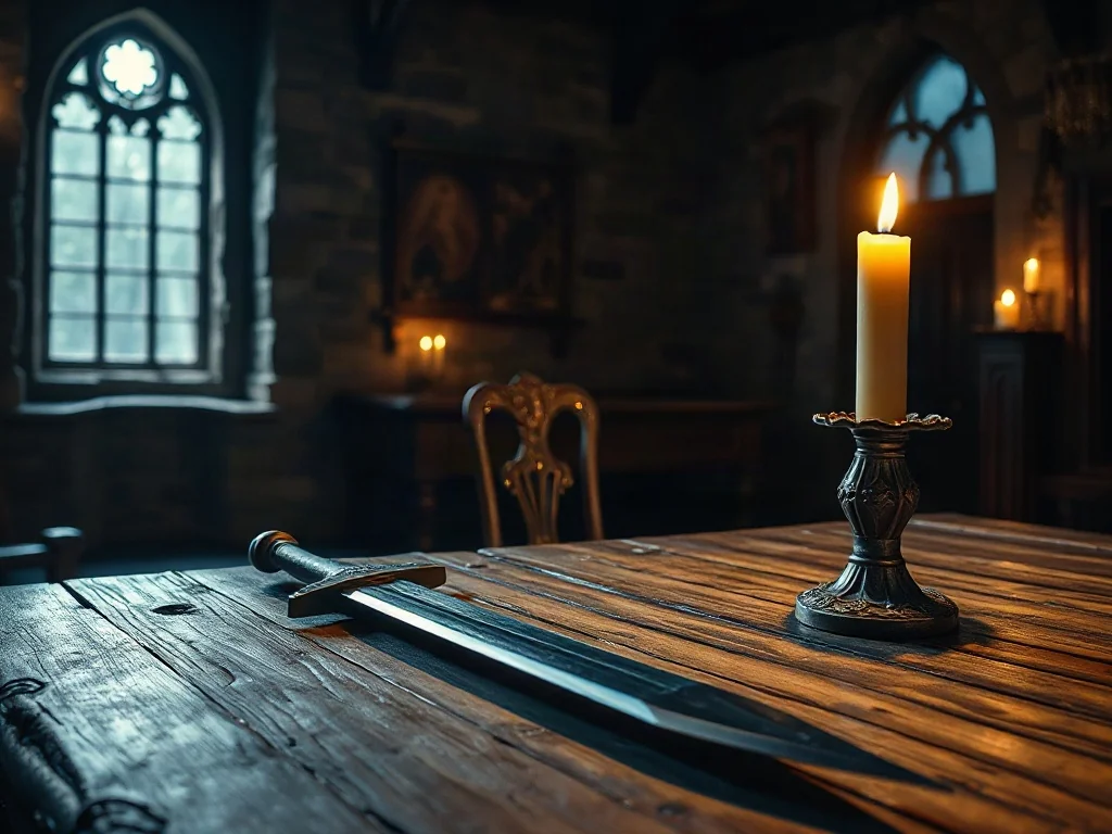 Średniowieczna sala sądowa z mieczem i świecą na stole, symbolizująca historyczną praktykę sądu Bożego.