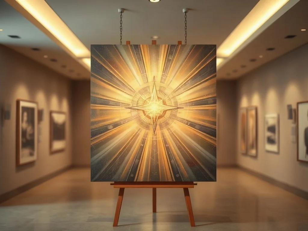 Abstrakcyjne dzieło religijne z geometrycznymi kształtami i promieniami złotego światła, wyeksponowane w minimalistycznej galerii.