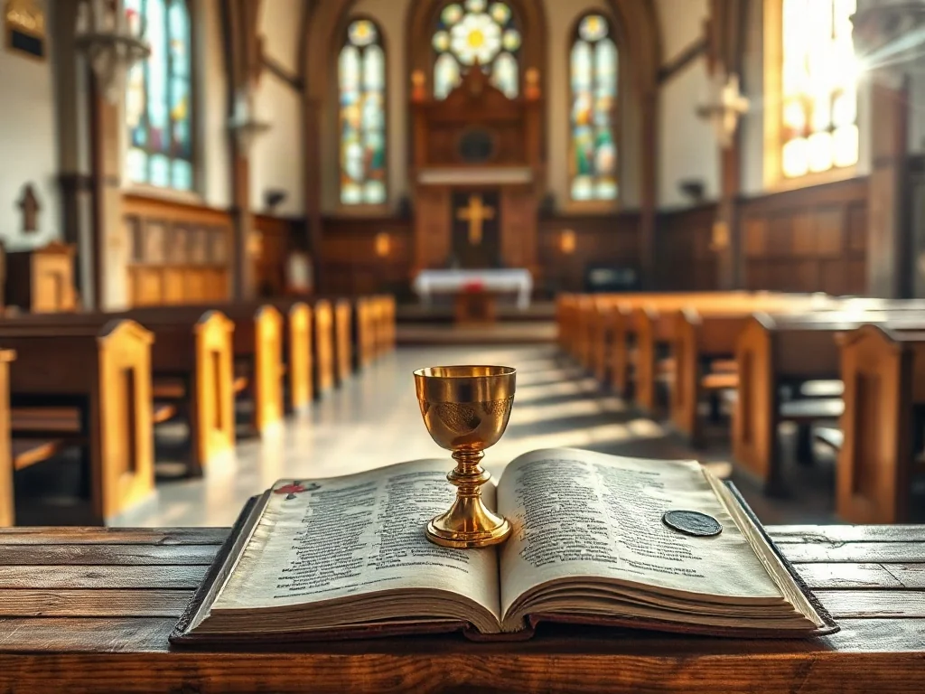 Złoty kielich i otwarta księga liturgiczna na drewnianym ołtarzu w promieniach słońca wewnątrz katedry.