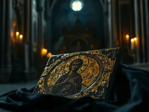 Otwarta księga rachunkowa leżąca na ławce w kościele, symbolizująca przejrzystość finansową parafii.