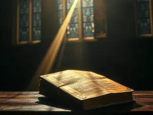 Stara księga, z której wydobywa się światło i pączkujące liście, symbolizuje duchowy rozwój oraz przemieniającą moc łaski.