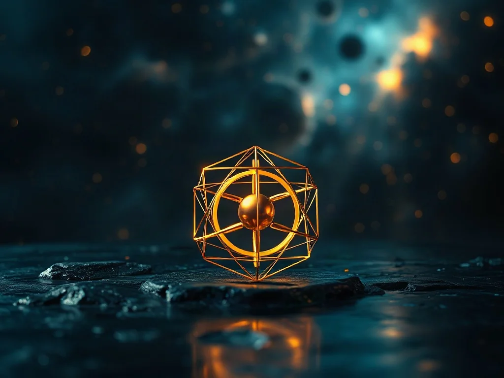 Złota struktura geometryczna na tle kosmicznej mgławicy, symbolizująca przenikanie się praw fizyki z duchowością.