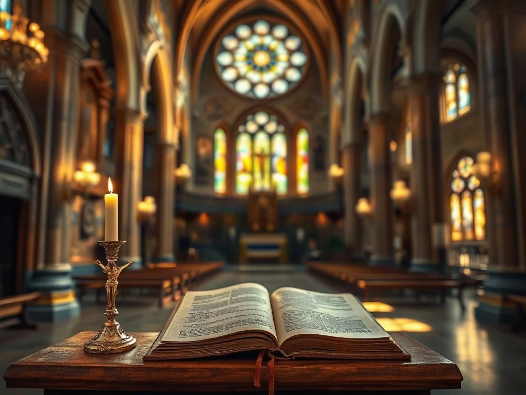 Wnętrze zabytkowej katedry z ołtarzem, krucyfiksem i łacińskim mszałem, podkreślające tradycyjny charakter liturgii.