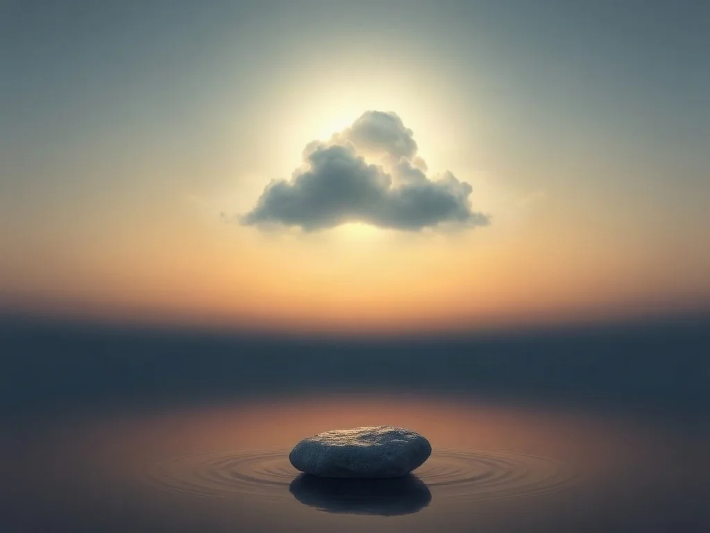 Eteryczne światło wyłaniające się z chmur nad spokojną taflą wody, symbolizujące boską obecność i duchową refleksję.