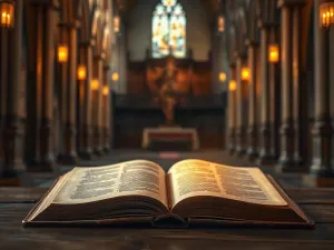 Złoty kielich mszalny obok otwartej Biblii na ołtarzu, symbolizujący jedność liturgii słowa i eucharystii w kościelnym wnętrzu.