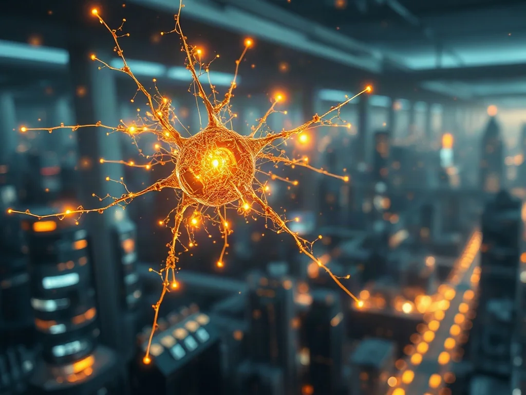 Złota sieć neuronowa i cyfrowe obwody symbolizujące moment gwałtownego rozwoju technologii w futurystycznym mieście.