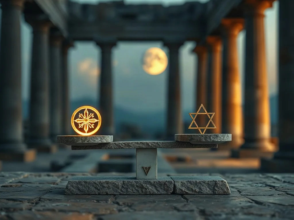 Waga z symbolem boskiej woli i figurą geometryczną, symbolizująca dylemat Eutyfrona w kontekście moralności i religii.